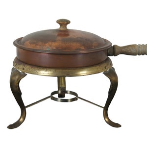 Vintage Lidded Copper Brass Pot Pan Wood Handled Chafing Dish w Warmer Stand