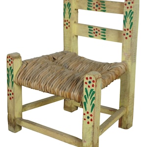 Miniature Antique Painted Folk Art Artisian Doll Chair Woven Rush Seat 13&quot;