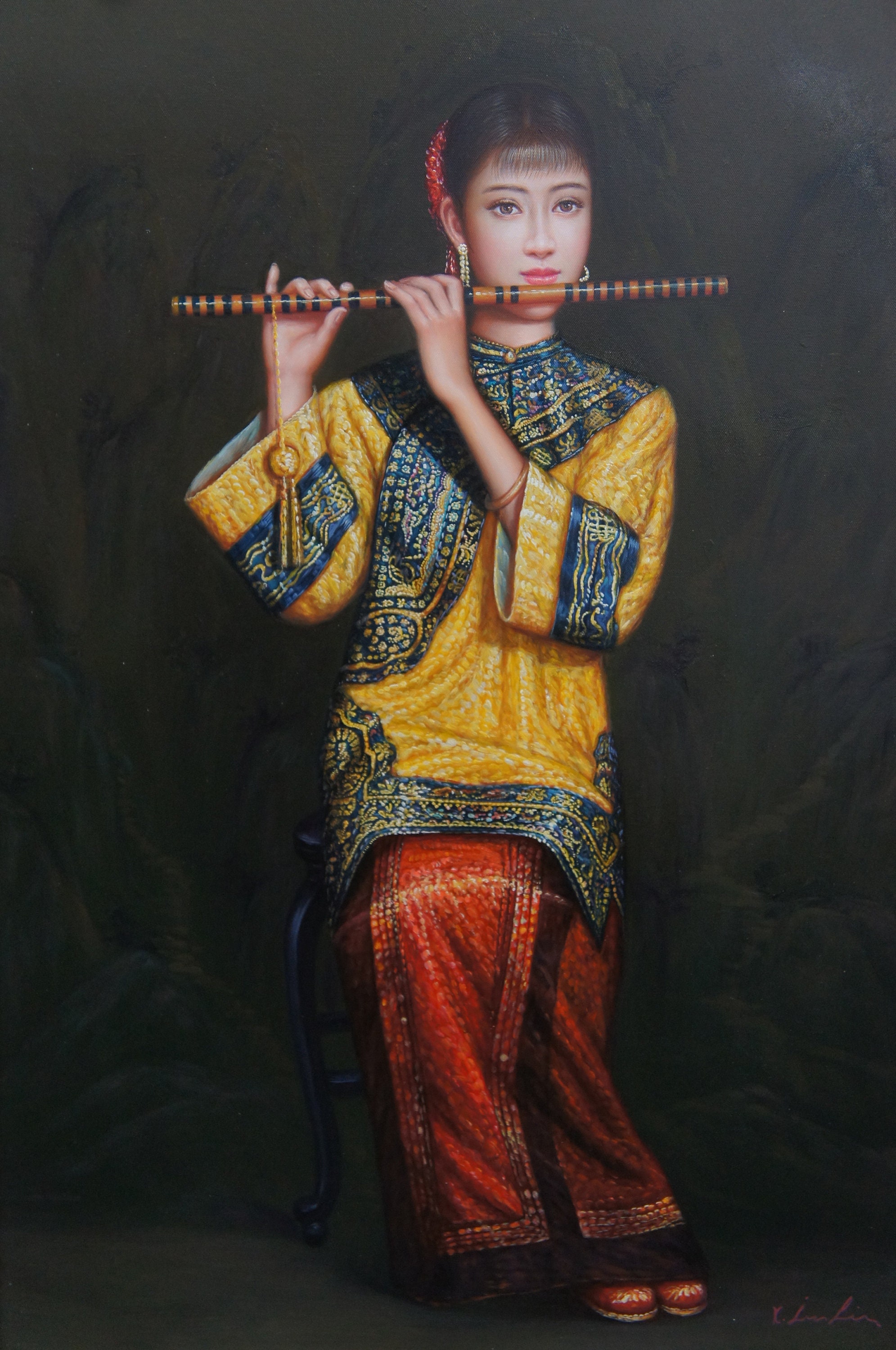 Chinese Woman Playing Bamboo Flute Oil Painting on Canvas After