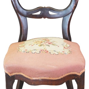 Antique Victorian Mahogany Balloon Back Floral Needlepoint Dining Side Chair 35&quot;
