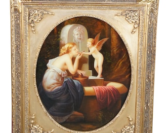 At The Fountain Cupid Angel of Love Oval Oil Painting After Henri Pierre Picou