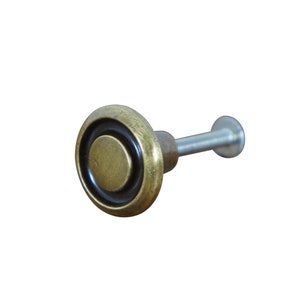 May include: A single antique brass cabinet knob with a circular design. The knob features a central circle surrounded by a black ring and a larger brass outer ring. A silver-colored screw extends from the back.