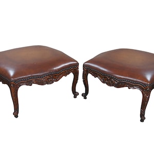 2 Vintage Theodore Alexander French Carved Mahogany Leather Ottomans Foot Stools