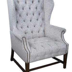 Vintage Chippendale Style Mahogany Tufted Library Wingback Reading Chair