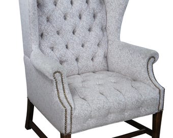 Vintage Chippendale Style Mahogany Tufted Library Wingback Reading Chair