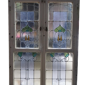 Monumental Antique Victorian Art Nouveau Leaded Stained Glass Window French Door