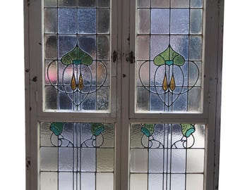 Monumental Antique Victorian Art Nouveau Leaded Stained Glass Window French Door