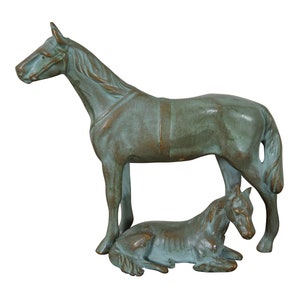 2 Vintage Patinated Brass Horse & Baby Foal Sculptures Statues Figurines 5&quot;