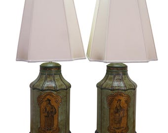2 Chinese Chinoiserie Green Gilt Toleware Tea Canister Caddy Banquet Lamps 38"