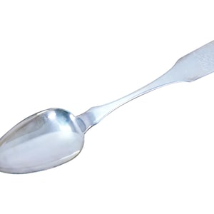 May include: A silver spoon with a rounded bowl and a long, slender handle. The handle has a rectangular end. The spoon is made of a shiny, reflective metal, likely silver or a silver-colored alloy.