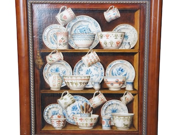 Fabrice De Villeneuve Trompe l'Oeuil China Cupboard Still Life Oil Painting 19"