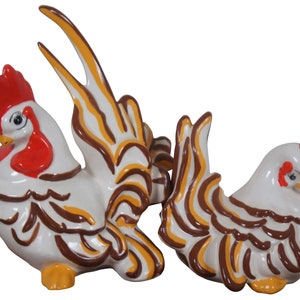 2 Vintage Ceramic Porcelain Hen Rooster Chicken Figurines Country Farmhouse 8&quot;