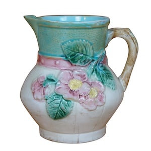 Antique Majolica Rustic Floral Basket Bulbous Creamer Pitcher Milk Jug 5&quot;