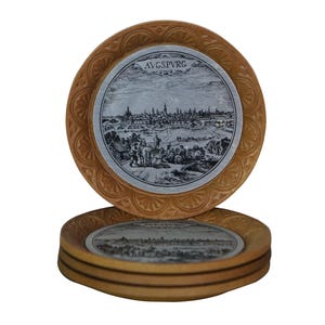 4 Mid Century German Augsburg Faux Wood Drink Coasters Souvenir Plates Italy 4&quot;