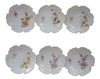6 Antique Porcelain Embossed Floral Scalloped Dessert Salad Plates 8"