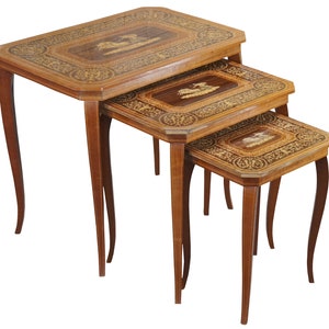 3 Vintage Inlaid Satinwood Italian Neo-Grec Neoclassical Nesting Side Tables 27&quot;