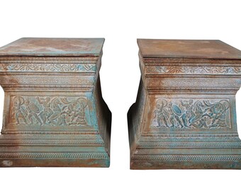 2 Vintage Cast Iron Grecian Garden Pedestals Plinth Stand Urn Base Figures 27"