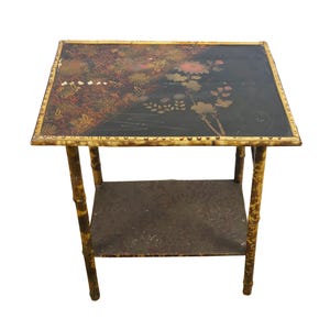 Antique Chinoiserie Scorched Bamboo Lacquered Two Tier Accent Table 20&quot;