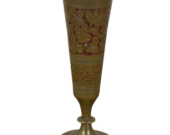 Vintage Indian Brass Red Enamel Floral Bud Flower Vase 5"