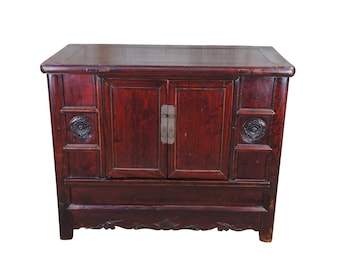 Antique Chinese Shanxi Ming Red Lacquer Elm Carved Chest Storage Trunk Sideboard