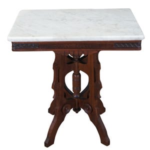Antique Victorian Eastlake Walnut Carved Marble Top Parlor End Side Table 28&quot;