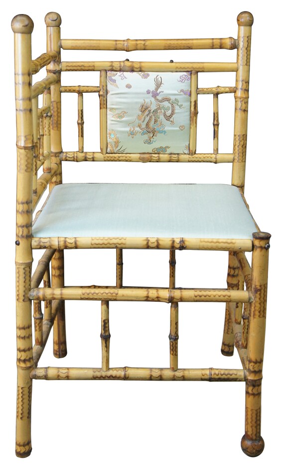Antique English Victorian Bamboo Corner Chair Silk Upholstered
