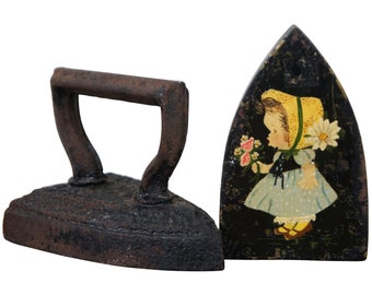 2 Antique Victorian Cast Iron Sad Irons Flat Press Laundry Cloth Folk Art #8