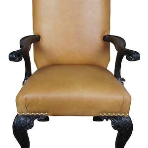 Antique 19th C English Chippendale Arm Chair Carved Mahogany Leather Ball Claw