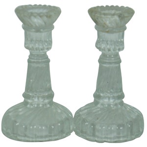 2 Vtg Miniature Child’s Pressed Glass Spiral Candlesticks Vallerysthal