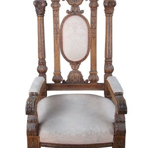 Monumental Antique Victorian Ornate Carved Oak Throne Arm Chair 58&quot;