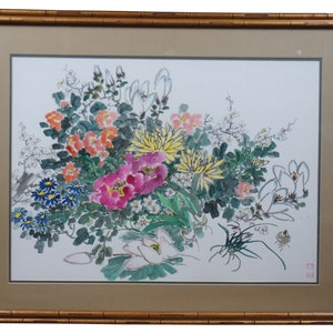 Vtg Zhongxiang Liu Chinese Chinoiserie Botanical Floral Watercolor Painting 38&quot;