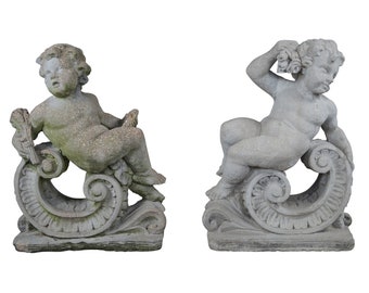 2 Antique French Concrete Stone Reclining Cherub Putti Garden Statues 30"