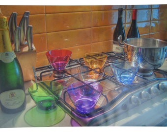 Colored Glass Bowls Bottles on Stove Photographic Print Champagne 30"