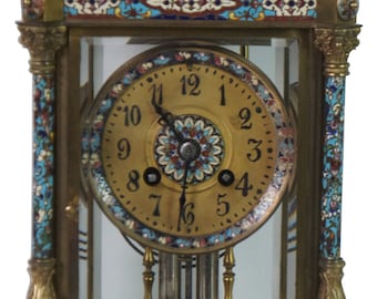 Antique French Japy Freres Brass Champleve Enameled Cloisonne Mantel Clock 15&quot;