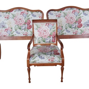 Mid Century French Provincial Mahogany Floral Upholstered Twin Beds & Arm Chair