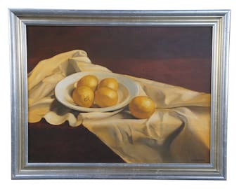 Ronald E. Renmark Bowl of Lemons Fruit Still Life Oil Painting on Canvas 28"