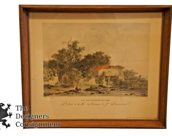 Vue des environs de Paris by L. G. Moreau Colored Etching House River Washing