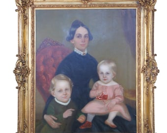 Antique Victorian American School Folk Art Portrait Oil Painting Woman Children