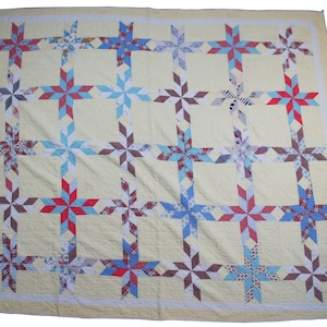 Vintage Folk Art Patchwork Star Quilt Blanket Queen Size Bedspread 80 x 68