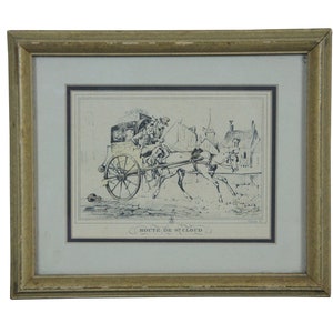 May include: A black and white framed print of a horse-drawn carriage with the text "ROUTE DE ST CLOUD" at the bottom.