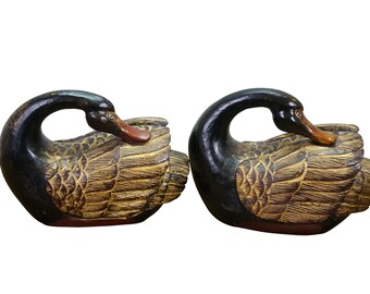 Pair Mid Century Chinese Lacquered Carved Hardwood Swan Sculptures Decoy 13"