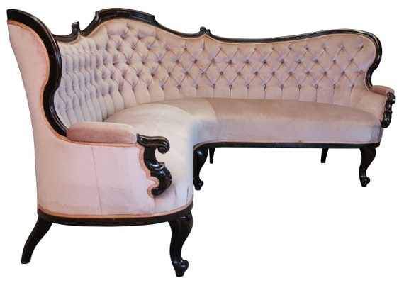 Rare Antique Victorian Walnut Tufted Serpentine Parlor Corner Sofa