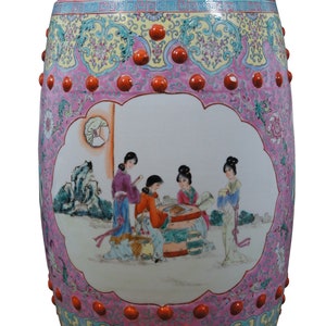 Mid Century Chines Famille Rose Pink Ceramic Garden Seat Stool Occasional Table