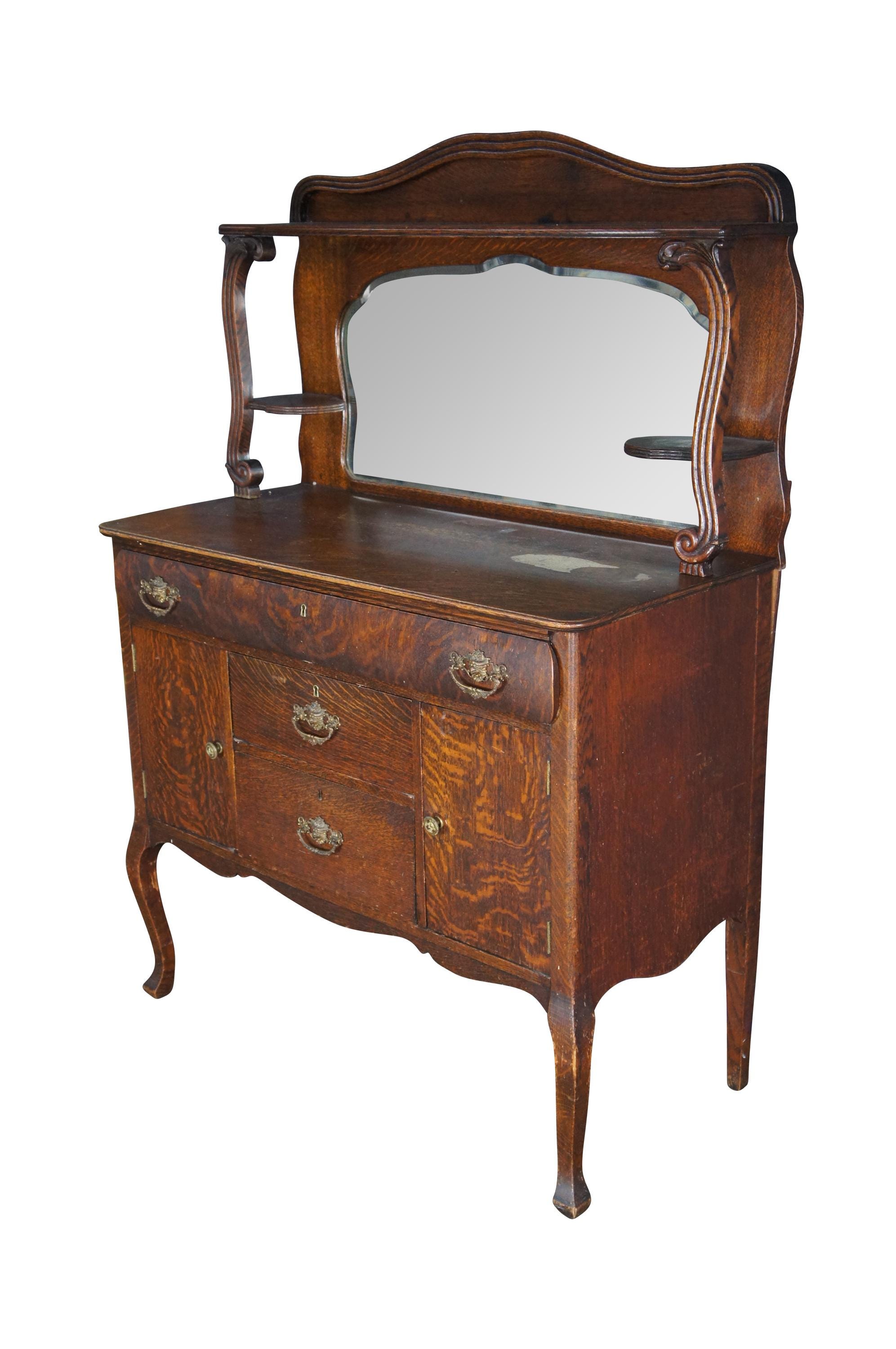 Antique American Victorian Tiger Oak Sideboard Buffet & Hutch
