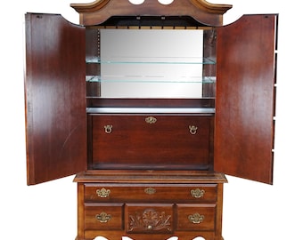 American Drew Queen Anne Style Cherry Highboy Dry Bar Liquor Display Cabinet