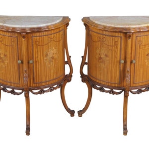 Antique French Neoclassical Demilune Satinwood Marble Cabinet Side Tables