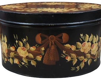 Maitland Smith Neoclassical Painted Oval Metal Toleware Box Bin Yellow Roses 23"