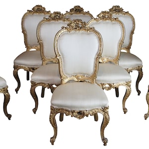 8 Antique Swedish 18th Century Baroque French Louis XV Rococo Gilt Dining Chairs