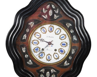 Antique Napoleon III French 19th C. Ebonized Mother of Peral Inlaid Wall Clock