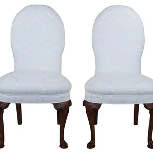2 Antique Queen Anne Style Mahogany Carved Dining Side Chairs Silk Brocade